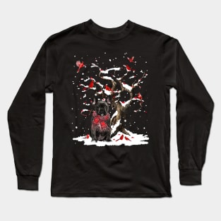 Black French Bulldog Scarf Cardinal Snow Christmas Long Sleeve T-Shirt